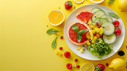 Plates with fresh healthy products on yellow background