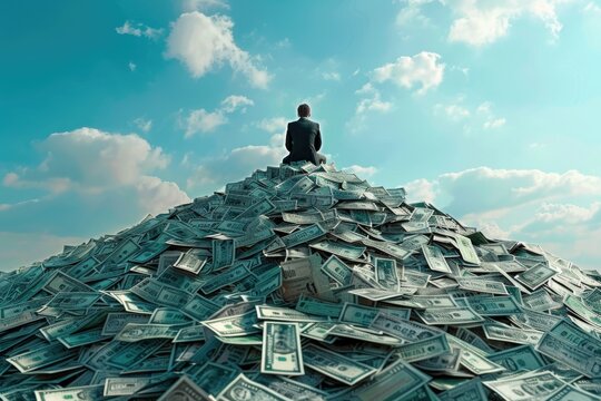 A man sitting on top of a pile of money, ideal for finance concepts