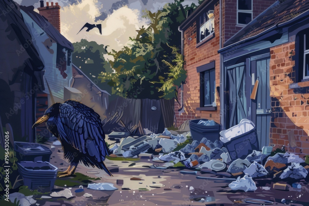 Poster A bird standing on a pile of trash. Suitable for environmental concepts