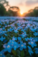 The ground is covered with blue flowers, and the sky in front has a beautiful sunrise.