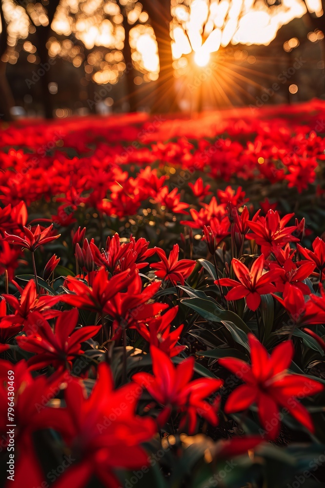 Sticker The ground is covered with red flowers, and the sky in front has a beautiful sunrise. 