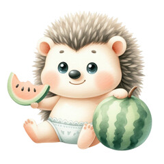 cute hedgehog eating fresh juicy watermelon