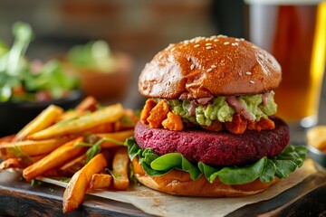 Hearty beet burger topped with avocado, served with sweet potato fries and a cold beer - Powered by Adobe