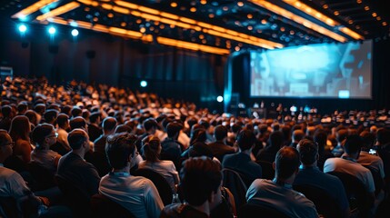 Panoramic view of a tech conference focused on the future of gambling with cryptocurrencies like bitcoin, capturing the optimistic, happy crowd, no grunge, no dust, 4k - obrazy, fototapety, plakaty
