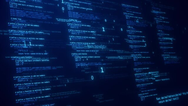 Dark Blue Matrix: Cybersecurity Concept with Hacking Code and Artificial Intelligence