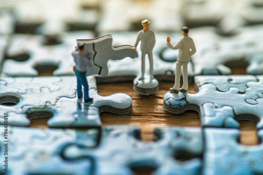 Poster Miniature figurines standing on a puzzle piece, suitable for relationship concepts