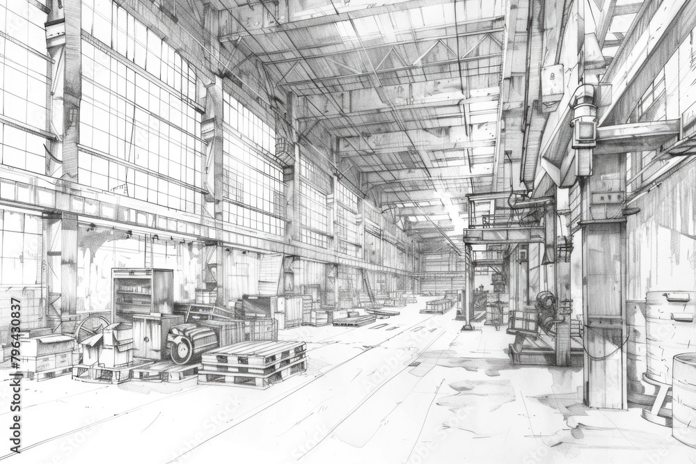 Poster detailed drawing of a factory with various machinery, suitable for industrial concepts