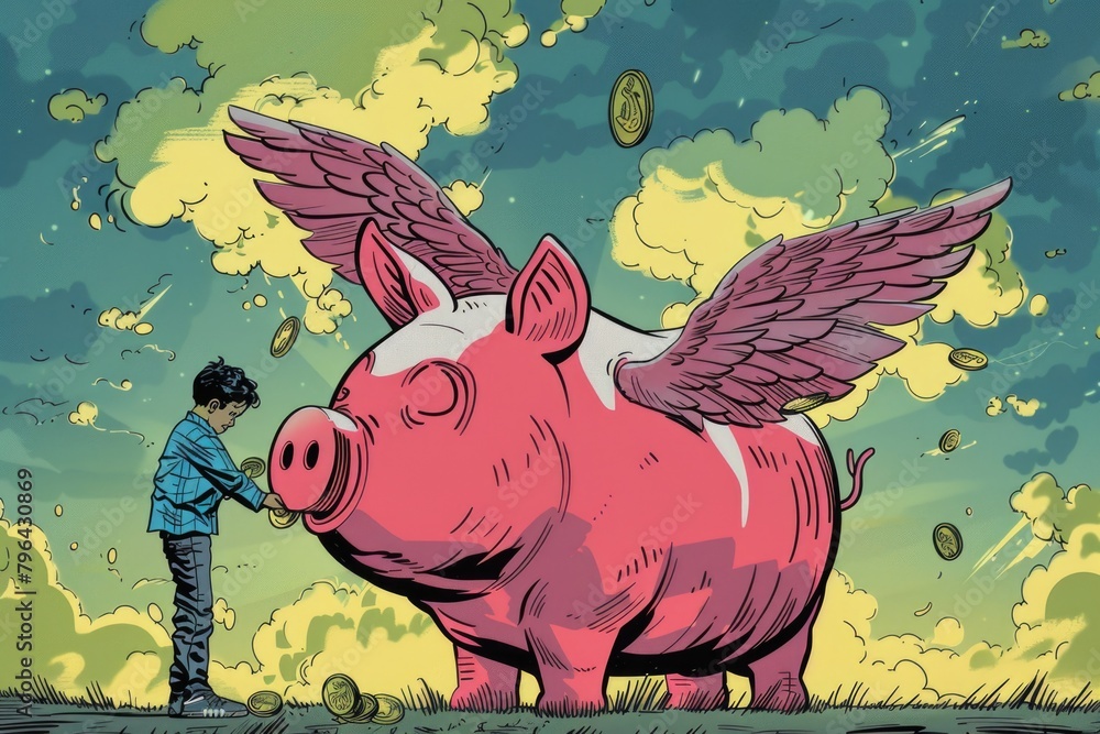 Poster a man standing next to a pig with wings. suitable for various concepts and designs
