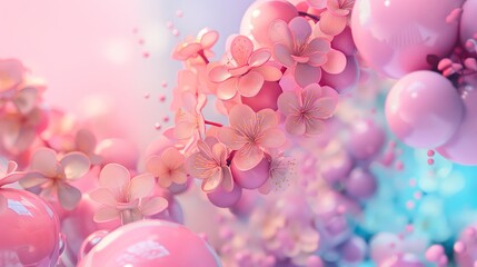 Pastel pink flowers and bubbles. Generative AI - 796430827