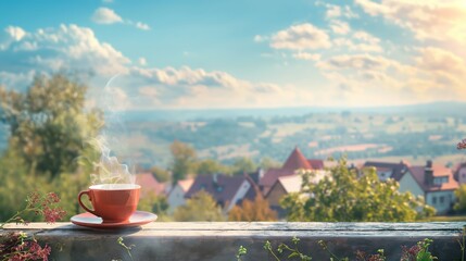 Cup of tea with a summer view of the countryside. Generative AI - 796430831