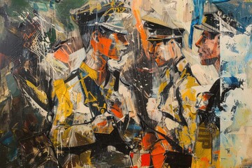 A realistic painting depicting a group of men in uniform. Suitable for military and historical themes