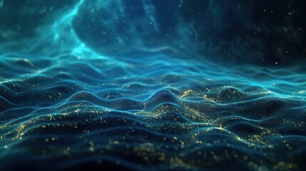 Glowing blue and yellow wireframe wavy topographic tech background. Generative AI - 796430853