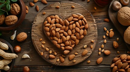Almonds artfully arranged in a love symbol on wooden plate with dietetic items around