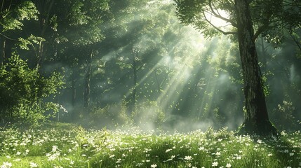 Fototapeta premium Serene woodland glade highlighted by beams of soft sunlight