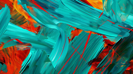 Bold turquoise shapes against fiery red lines, creating a powerful abstract artwork.