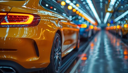 Close-up of Blue and Orange Car Assembly Line in Industrial Manufacturing Factory