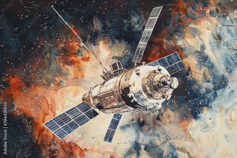 Poster a watercolor painting of a space station floating in the vastness of outer space. ideal for science 