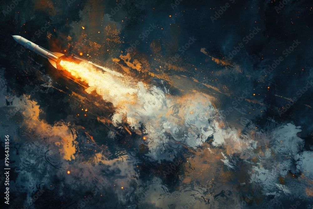 Poster a rocket soaring with smoke trails, perfect for science or technology concepts
