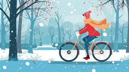 Girl riding bike in the park in winter. Cute vector 