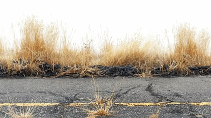b'Dried grass growing through cracks in asphalt'