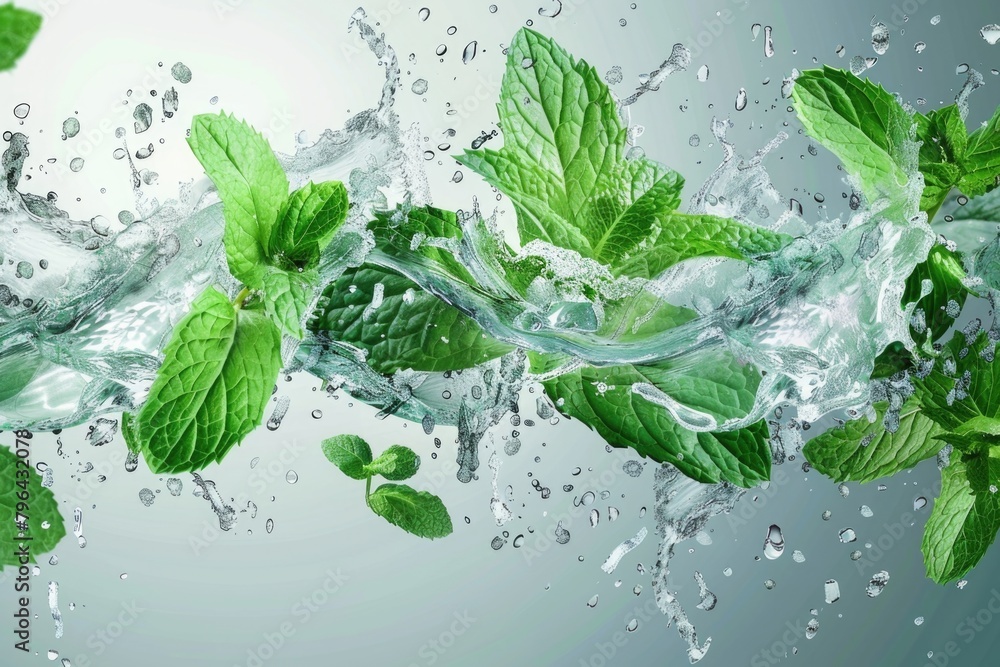 Poster mint leaves falling into water, suitable for refreshing drink concepts