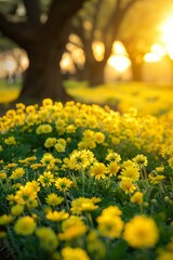 Obraz premium The ground is covered with yellow flowers, and the sky in front has a beautiful sunrise.