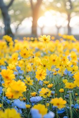 The ground is covered with yellow flowers, and the sky in front has a beautiful sunrise. 