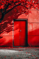 Red door with tree in the background. - obrazy, fototapety, plakaty