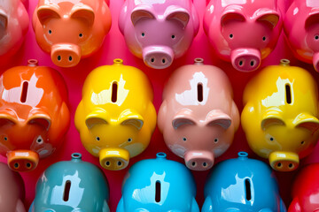 Row of colorful piggy banks.
