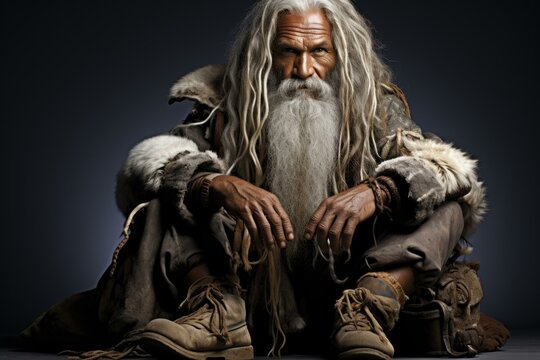 b'Portrait of a Rugged Old Man with Long White Hair and Beard'