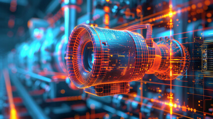 A futuristic digital blueprint illustration of a camera lens, showcasing the intersection of photography and technology.