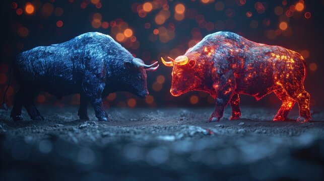 A dynamic infographic featuring a bull and bear symbolizes the fluctuating trends of the stock market