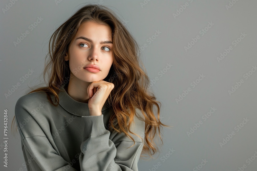 Wall mural Portrait of a confused woman who is pensively standing on a gray background. Woman holding her chin while contemplating a proposal or making a choice. Place for text