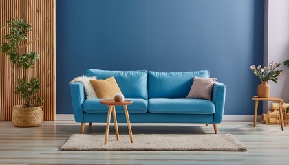 Blue Elegance: Mockup Living Room Interior with a Blue Sofa on a Dark Blue Wall Background"