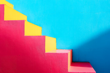 Brightly colored staircase with blue sky.