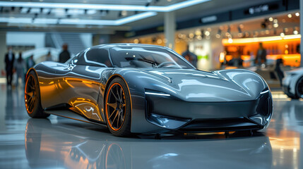 A prototype electric car takes center stage in a sleek showroom, surrounded by state-of-the-art manufacturing equipment, representing the future of automotive innovation 
 - obrazy, fototapety, plakaty