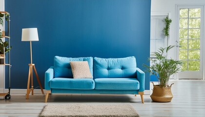 Blue Elegance: Mockup Living Room Interior with a Blue Sofa on a Dark Blue Wall Background"