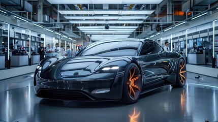 A prototype electric car takes center stage in a sleek showroom, surrounded by state-of-the-art manufacturing equipment, representing the future of automotive innovation 
