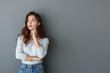 Portrait of a confused woman who is pensively standing on a gray background. Woman holding her chin while contemplating a proposal or making a choice. Place for text