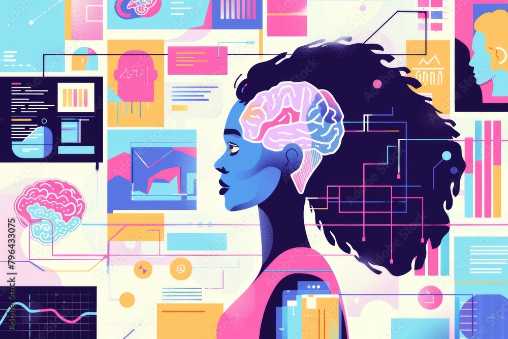 Poster a woman with a brain balanced on top of her head. can be used for concepts related to intelligence a