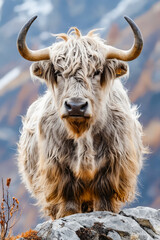 Yak with long horns standing on rock.