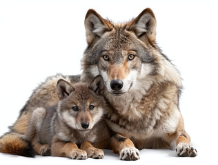 A mature wolf and its cub posing together on a white background, showcasing their natural beauty and familial bond.