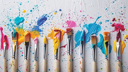 An array of colorful paintbrushes with bright paint splatters on a white canvas