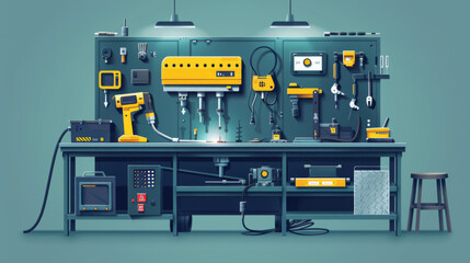 Illustration of a detailed workshop bench with a variety of yellow tools, highlighting organization and craftsmanship.