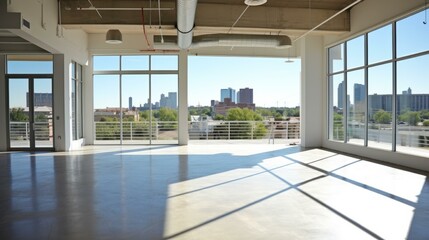 b'Modern open office space with large windows and city view'