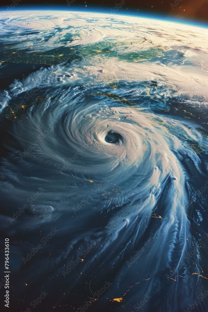 Poster a stunning view of the earth from space with a powerful hurricane in the foreground. perfect for ill