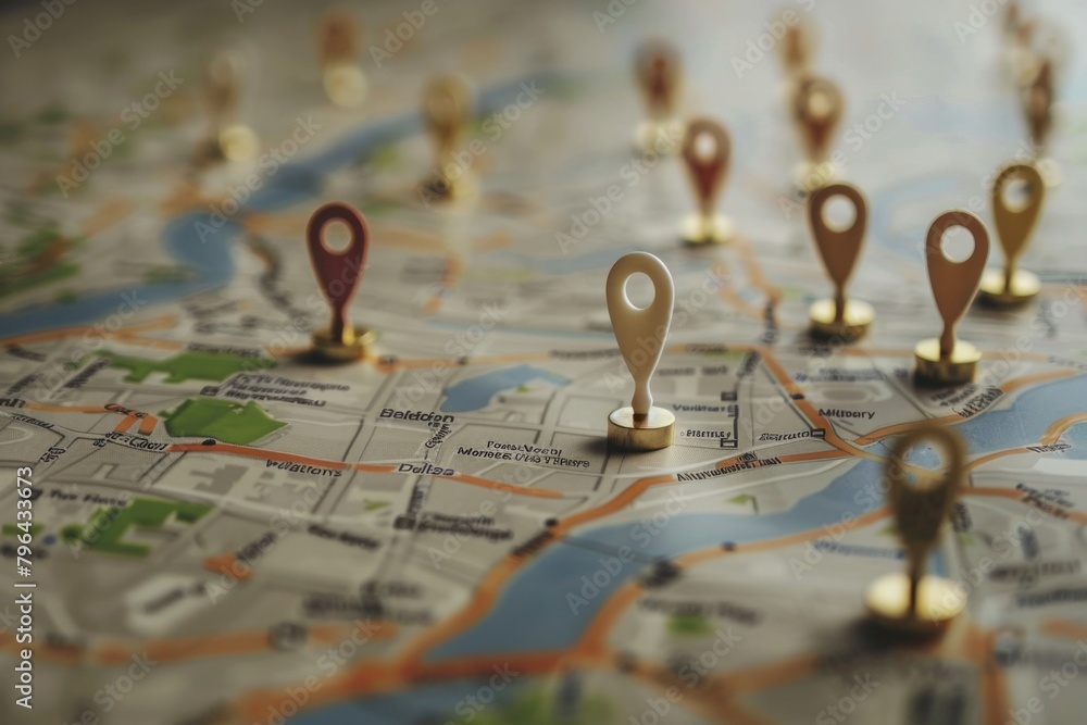 Poster detailed close up of a map with pins, ideal for travel concepts