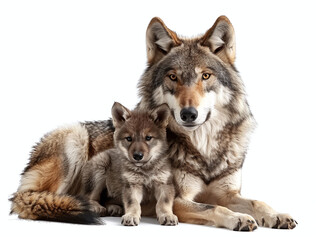 A mature wolf and its cub sitting together on a white background, looking directly at the camera.