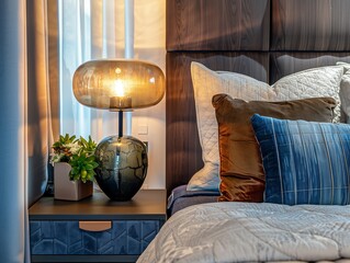 Bedroom interior, nightstand with lamp and home plant near bed. Close up shot of bed headboard with pillows and bedside table. Apartment in modern style