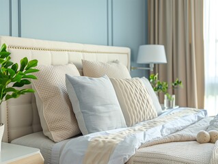Bedroom interior, nightstand with lamp and home plant near bed. Close up shot of bed headboard with pillows and bedside table. Apartment in modern style